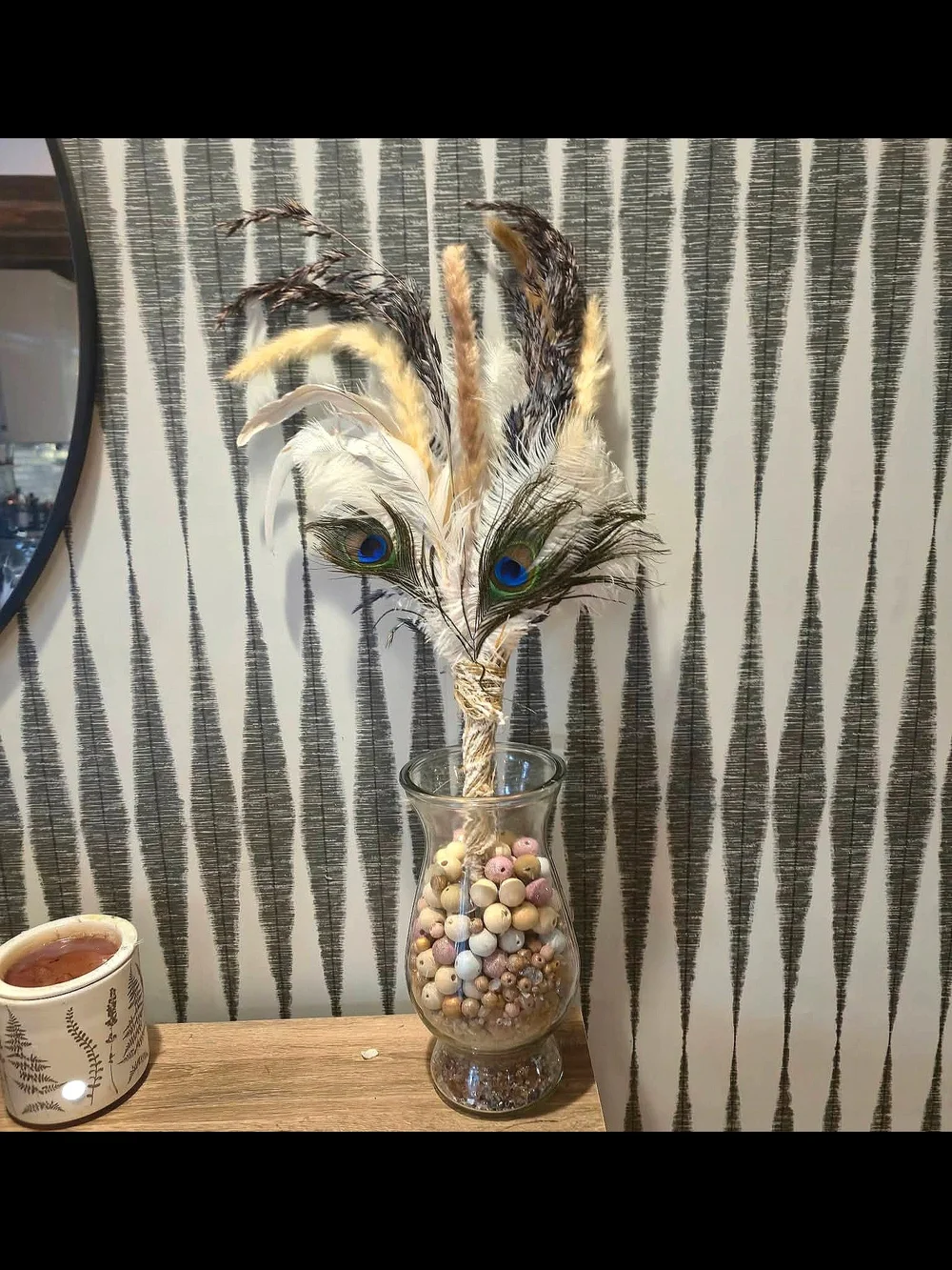 Boho Feather & Peacock Feather Floral Pick Neutral Rustic Home Decor Accent
